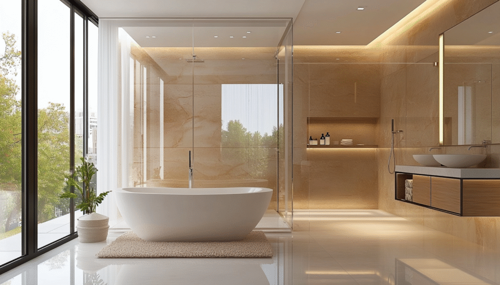 Large frameless shower glass surround with modern freestanding tub