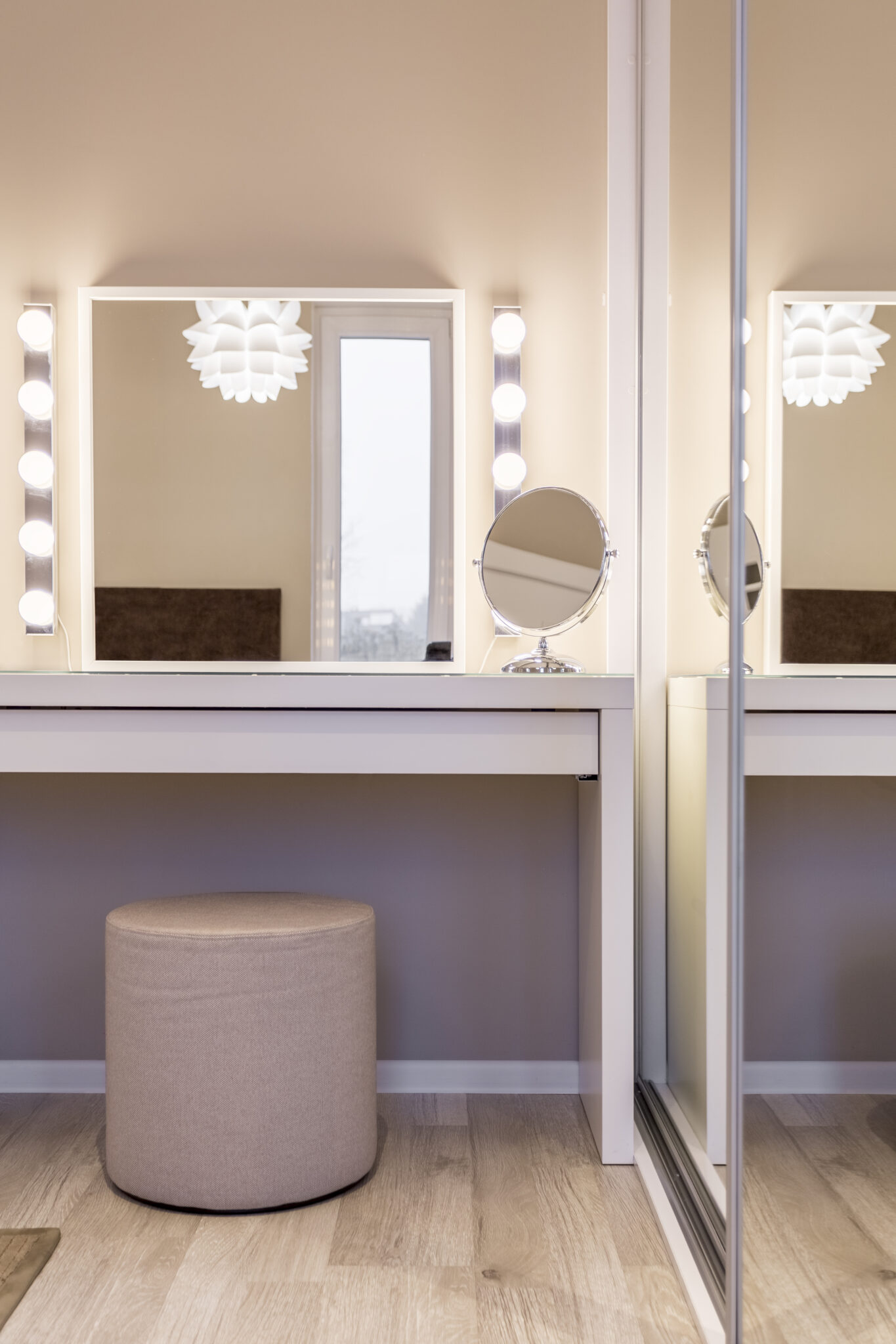 Custom round mirrors installed above a dual-sink vanity in a Port Townsend