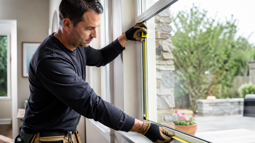 Technician measuring window glass for replacement without removing the existing window frame