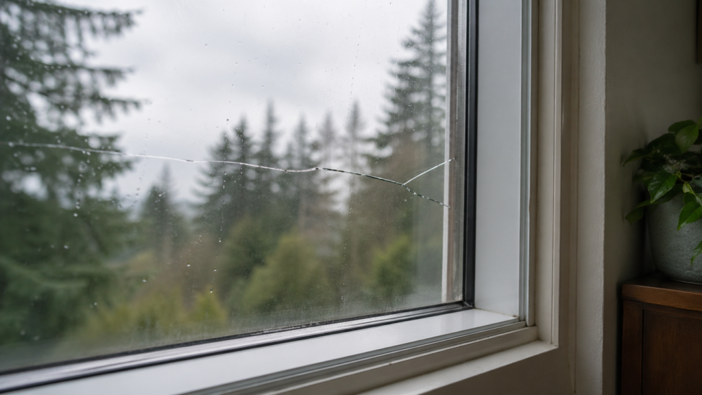 Cracked residential window glass in a Kitsap County home needing glass replacement
